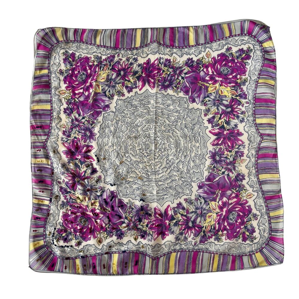 Vintage 70s Purple Pink Yellow Floral Sequin Scarf 28x28 Head Neck Wrap Boho